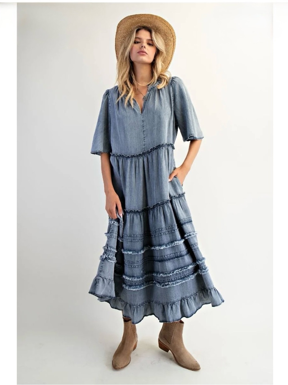 New: Easel Soft Chambray Wing Sleeve Tiered Flowy Denim Maxi Dress• Medium - Picture 2 of 5